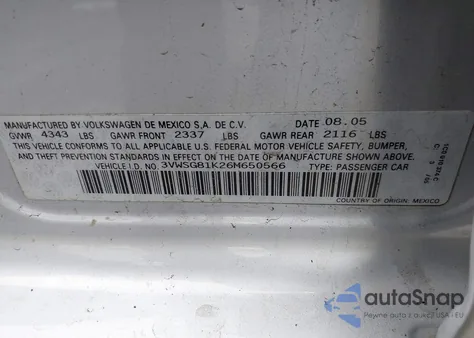 2006 Volkswagen Jetta 2.5 z USA, uszkodzony, nr VIN 3VWSG81K26M650566